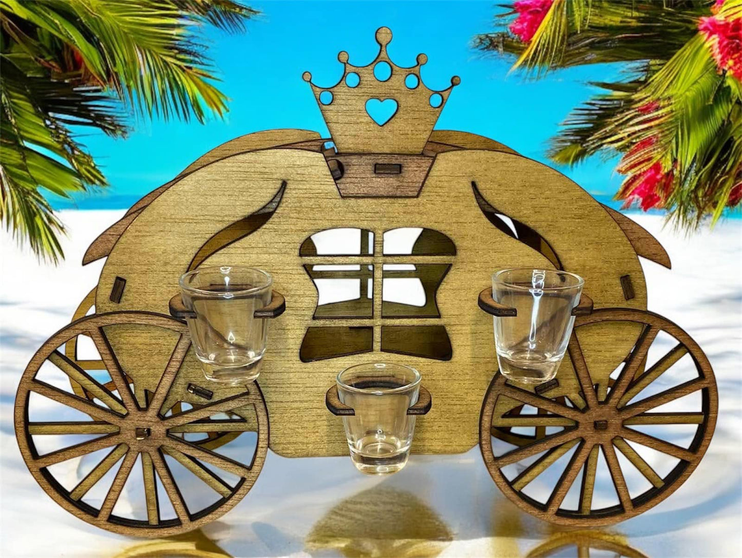 Mini bar din lemn în formă de caleașcă – suport elegant pentru o sticlă de băutură