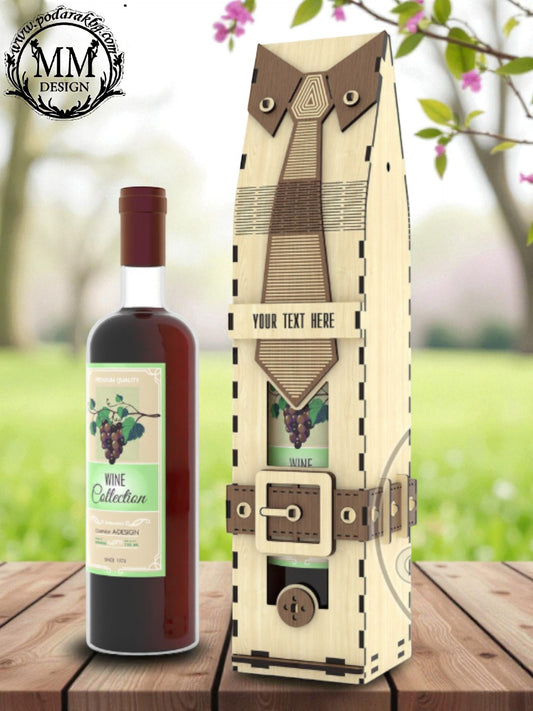 Cutie din lemn pentru sticlă – model masculin „Cravată”, lucrată manual (personalizată)