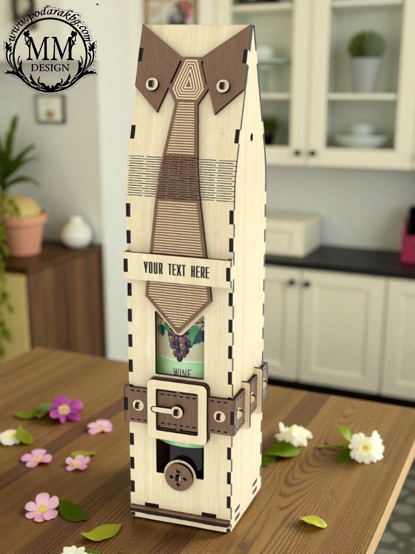 Cutie din lemn pentru sticlă – model masculin „Cravată”, lucrată manual (personalizată)