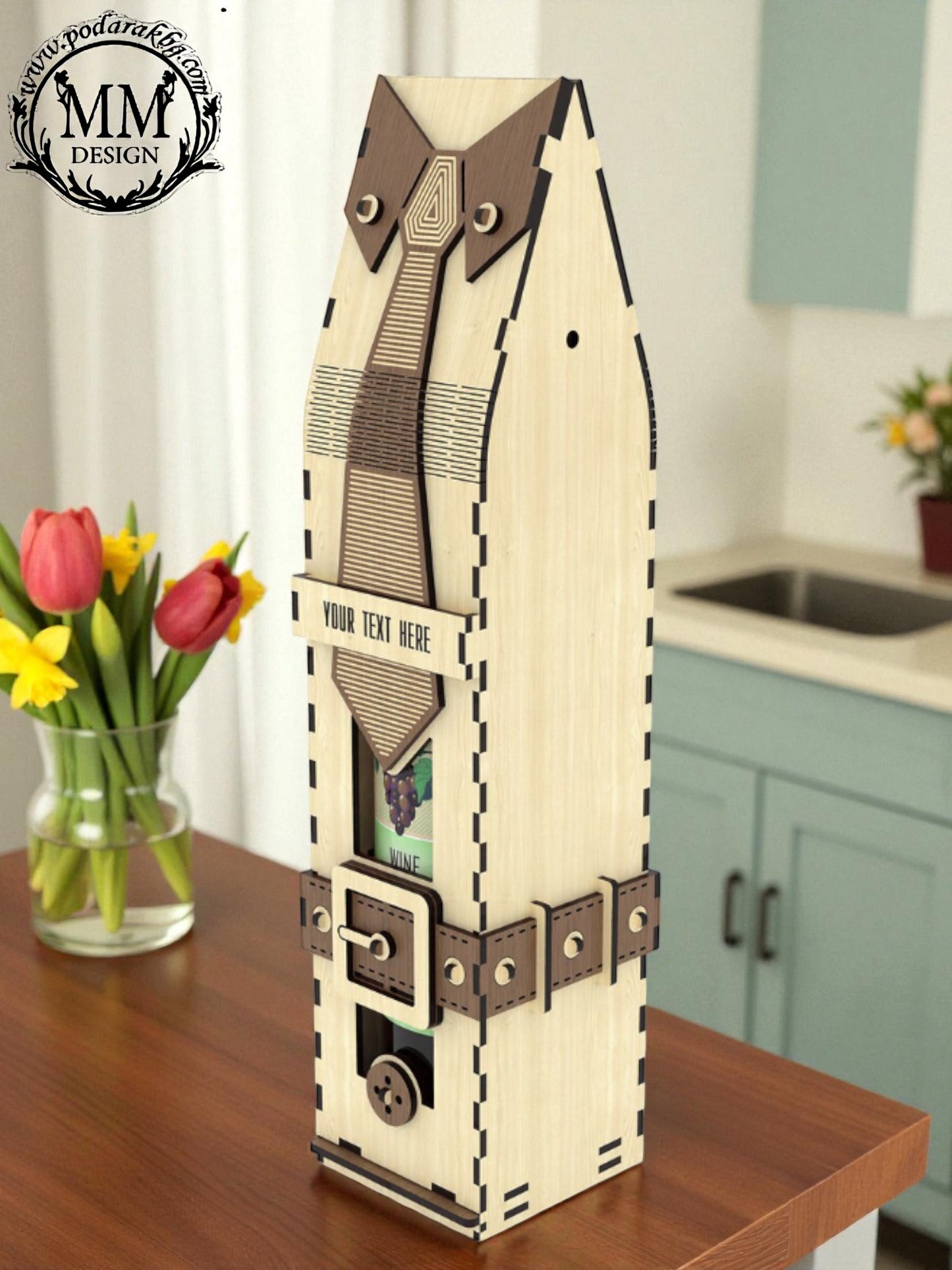 Cutie din lemn pentru sticlă – model masculin „Cravată”, lucrată manual (personalizată)