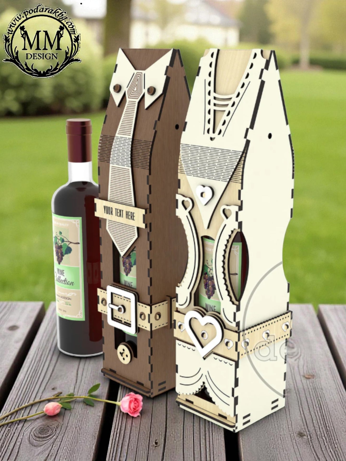 Set cadou „El și Ea” – două cutii din lemn pentru sticlă, lucrate manual (personalizate)