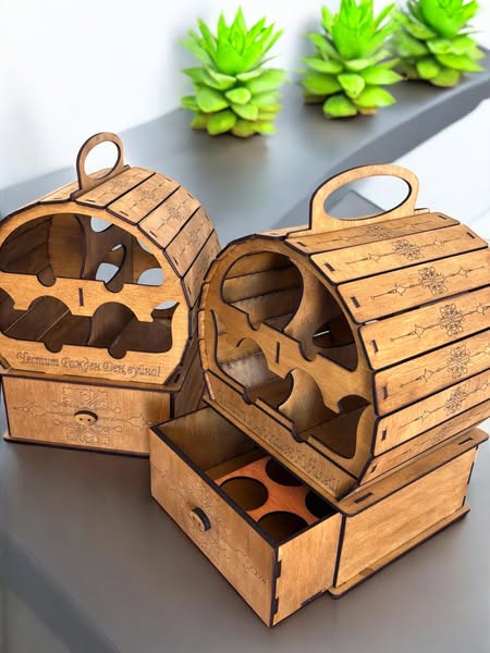 Mini bar din lemn „Butoi” pentru 4 sticle – gravură personalizată inclusă