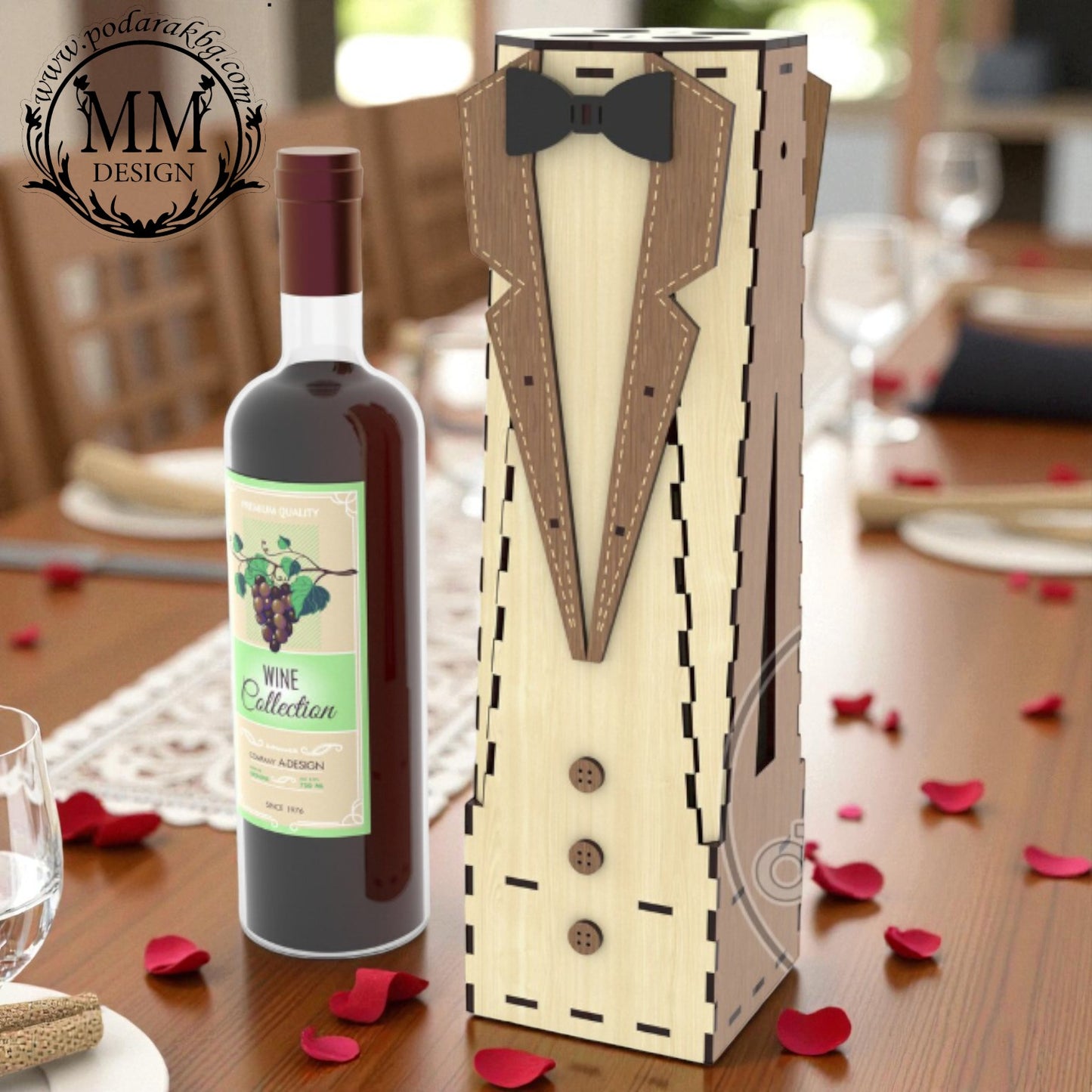 Cutie din lemn pentru sticlă de vin „Smoking” – personalizată