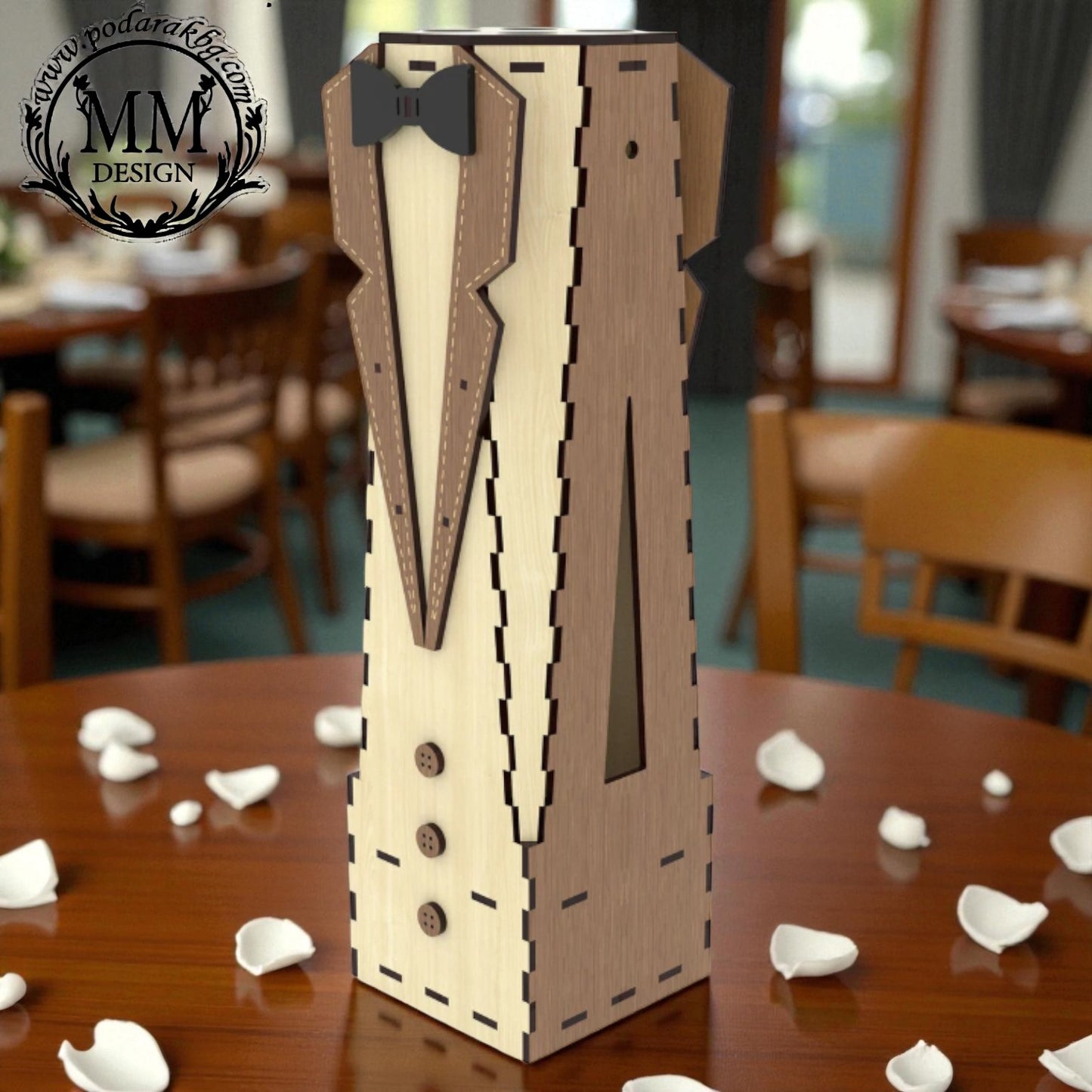 Cutie din lemn pentru sticlă de vin „Smoking” – personalizată