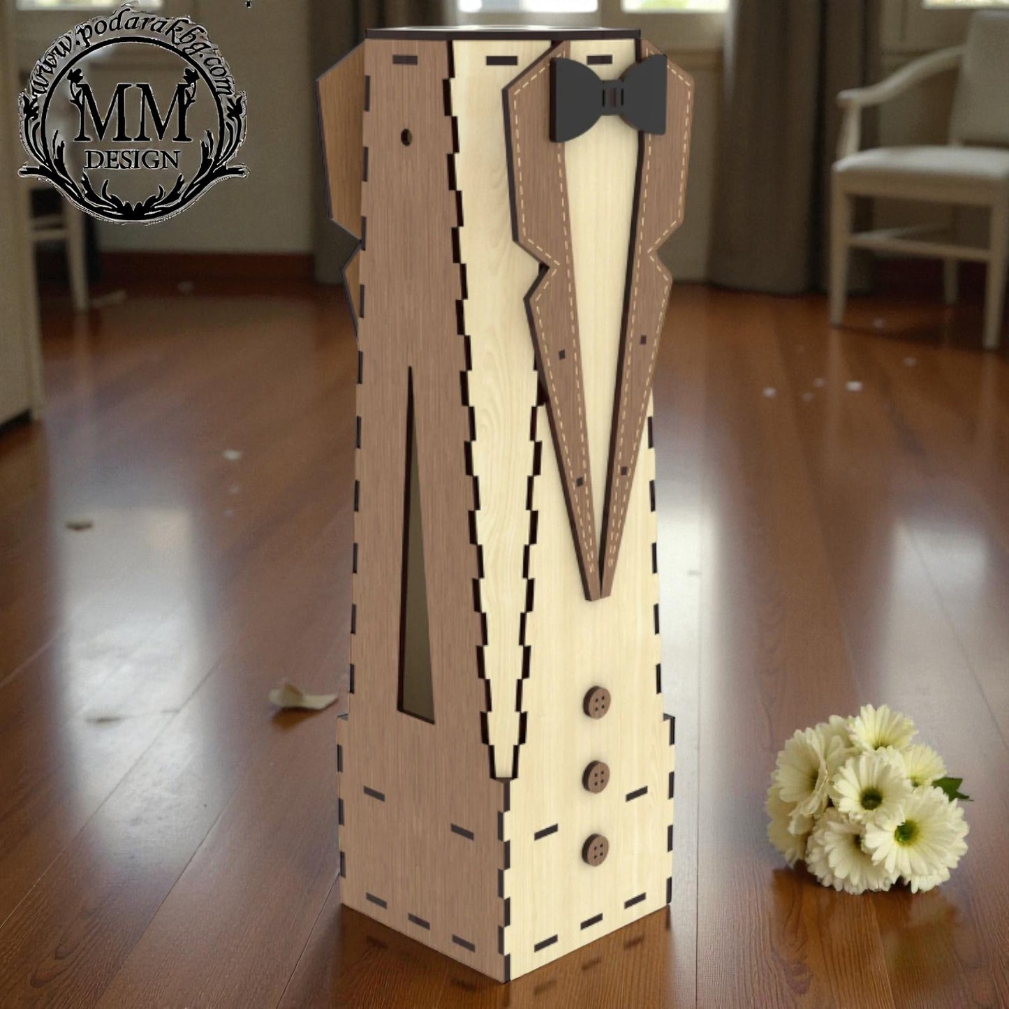 Cutie din lemn pentru sticlă de vin „Smoking” – personalizată