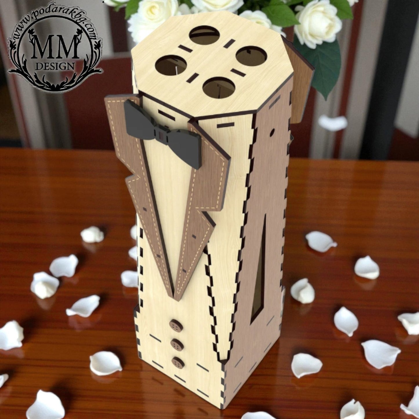 Cutie din lemn pentru sticlă de vin „Smoking” – personalizată