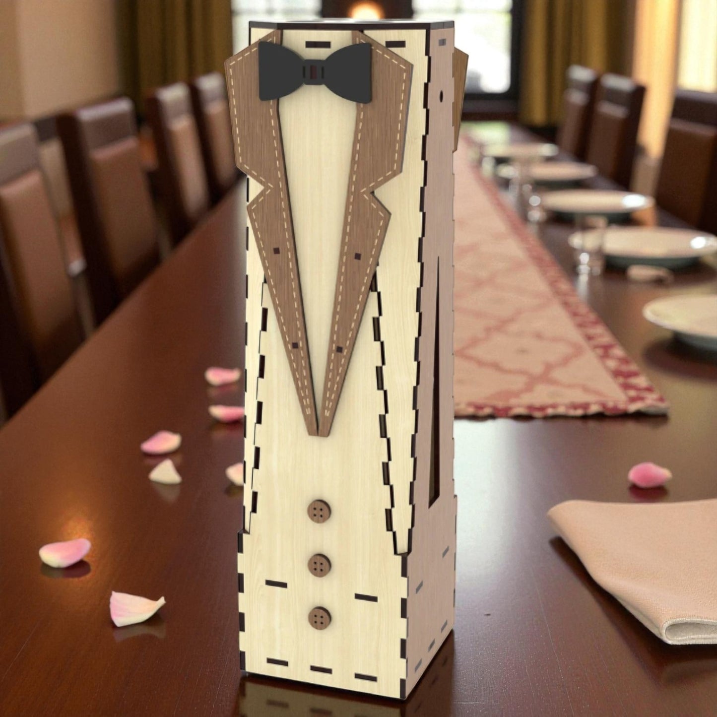 Cutie din lemn pentru sticlă de vin „Smoking” – personalizată