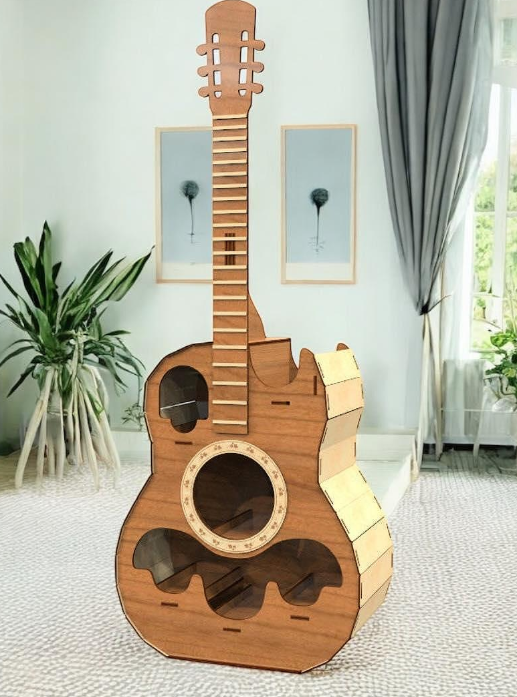 Mini bar din lemn în formă de chitară – suport pentru 5 sticle și pahare, personalizat