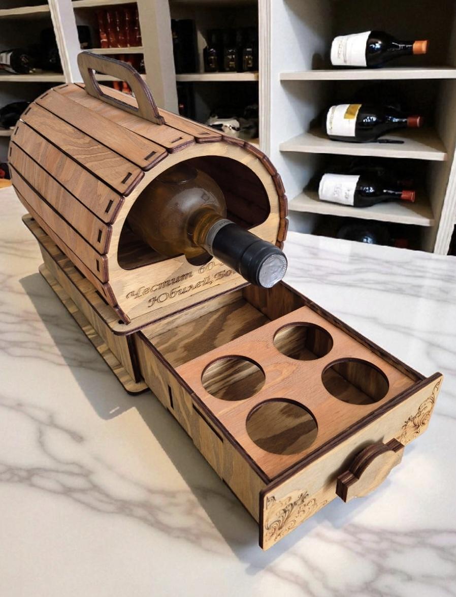 Butoiaș din lemn pentru vin cu sertar – personalizat, lucrat manual