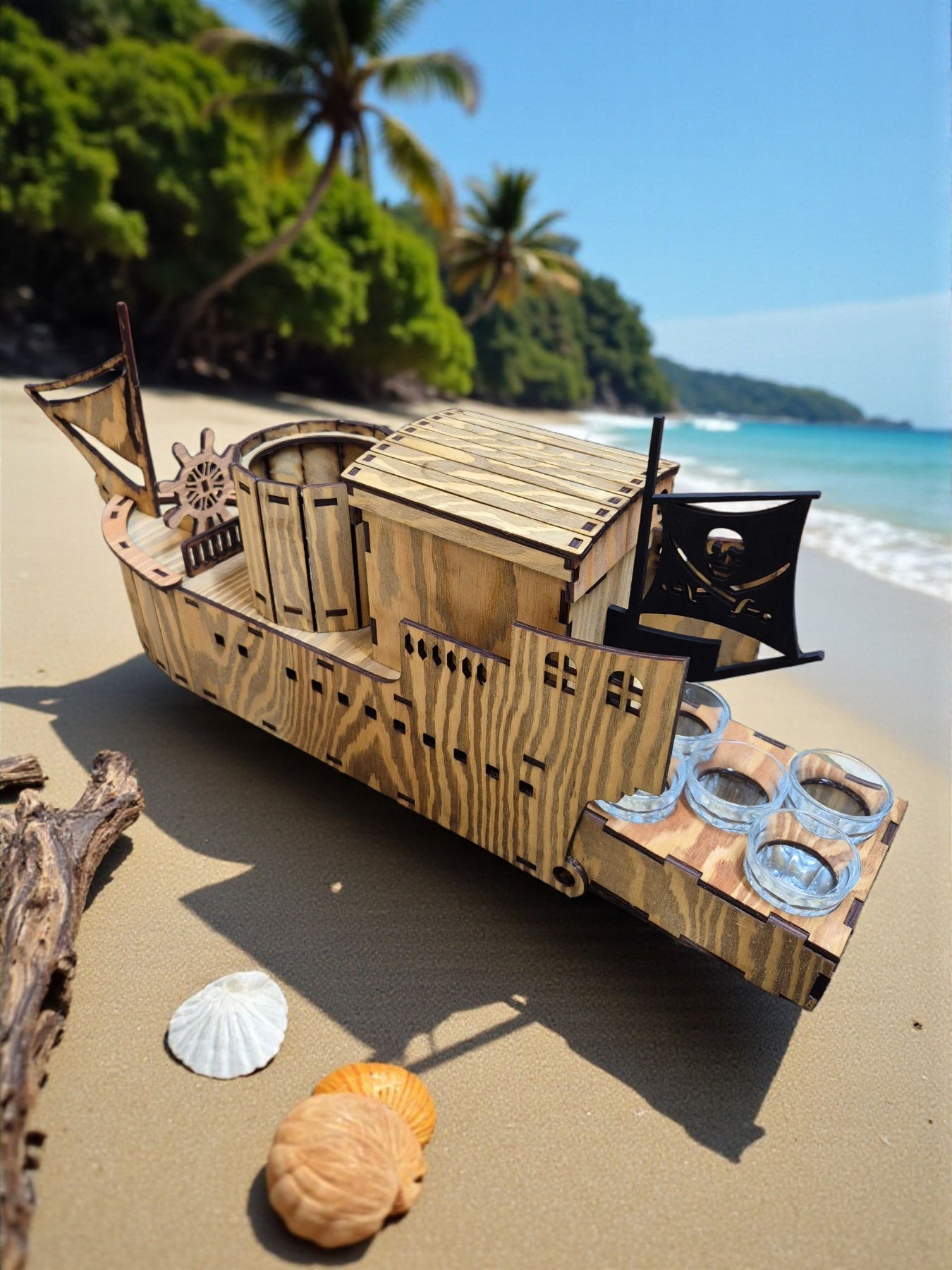 Mini Bar „Corabie Pirat” din Lemn – cu Sertar și 5 Pahare Incluse