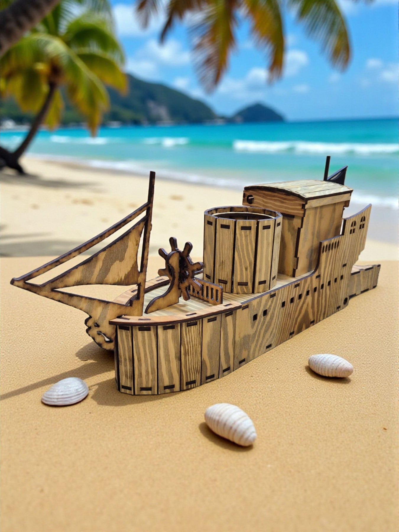 Mini Bar „Corabie Pirat” din Lemn – cu Sertar și 5 Pahare Incluse