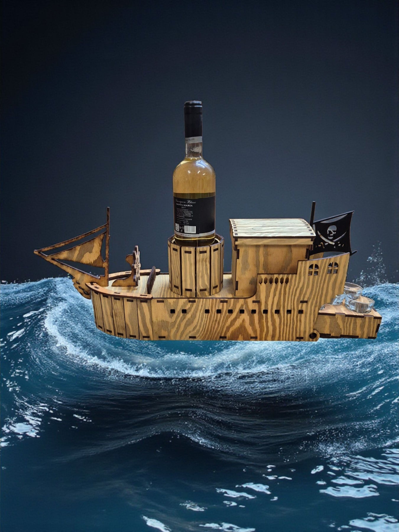 Mini Bar „Corabie Pirat” din Lemn – cu Sertar și 5 Pahare Incluse