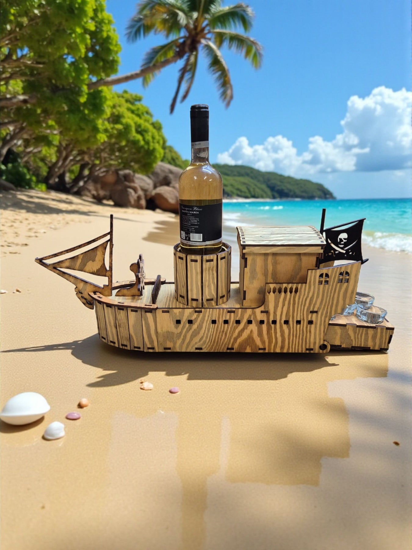 Mini Bar „Corabie Pirat” din Lemn – cu Sertar și 5 Pahare Incluse
