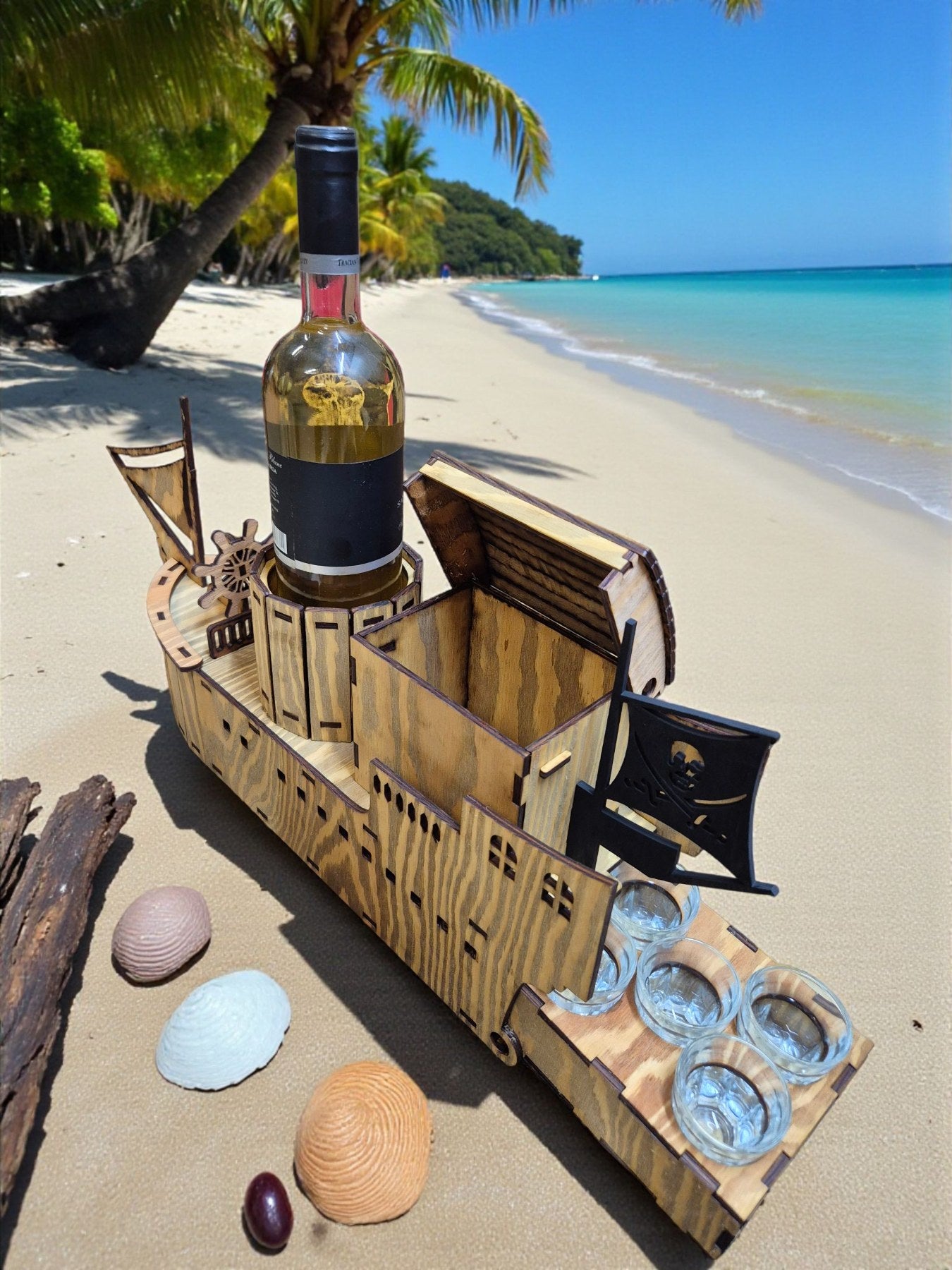 Mini Bar „Corabie Pirat” din Lemn – cu Sertar și 5 Pahare Incluse