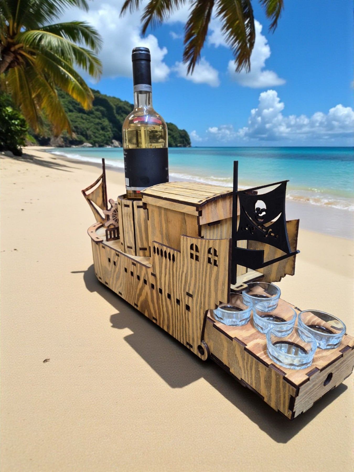 Mini Bar „Corabie Pirat” din Lemn – cu Sertar și 5 Pahare Incluse