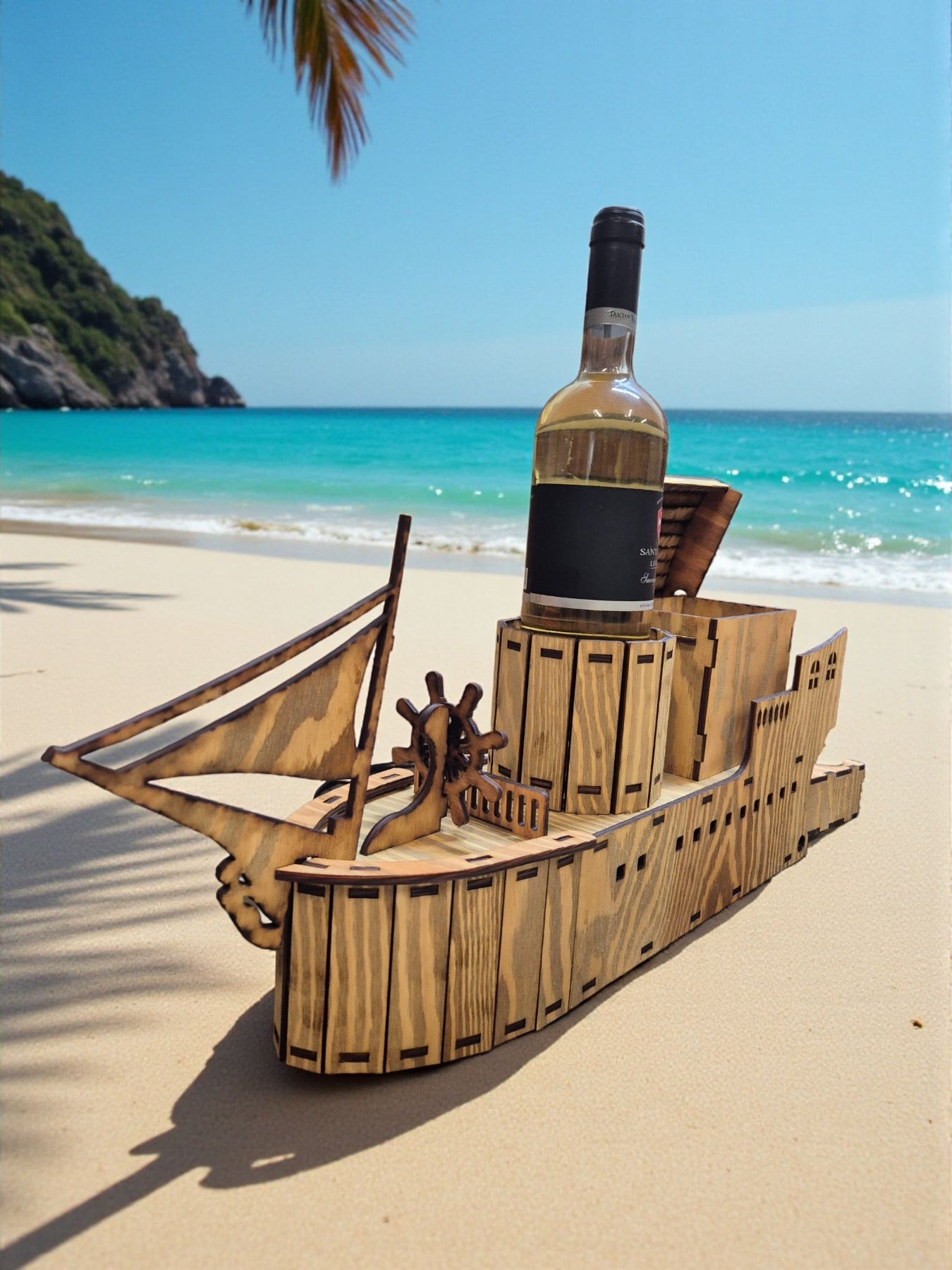 Mini Bar „Corabie Pirat” din Lemn – cu Sertar și 5 Pahare Incluse