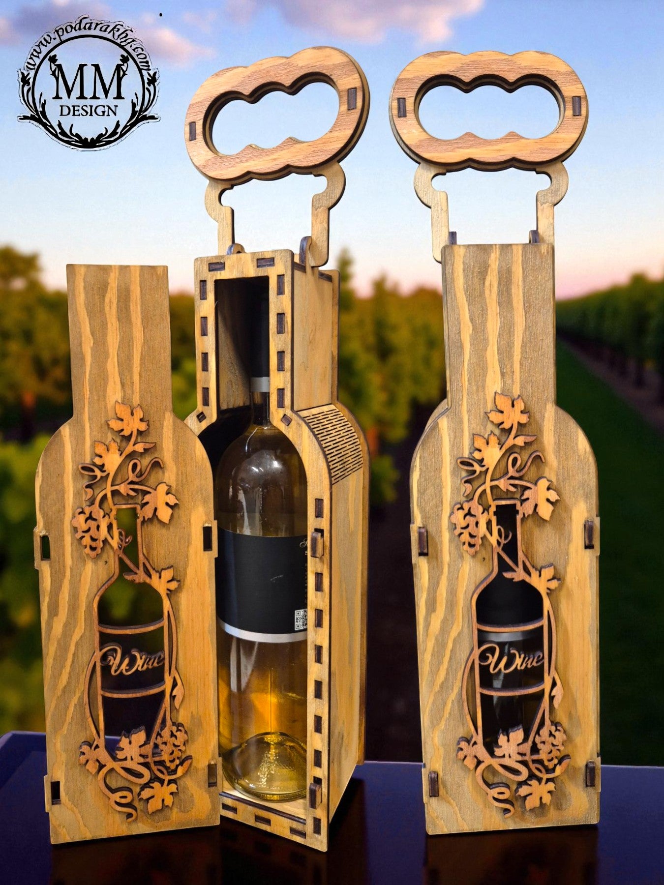 Cutie din lemn pentru sticlă de vin – motiv cu struguri, realizată manual