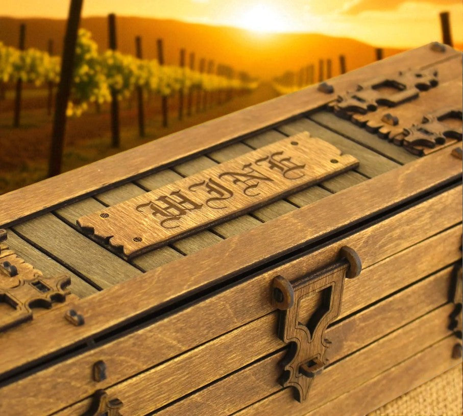 Cufăr din lemn personalizat pentru vin – cadou elegant și unic